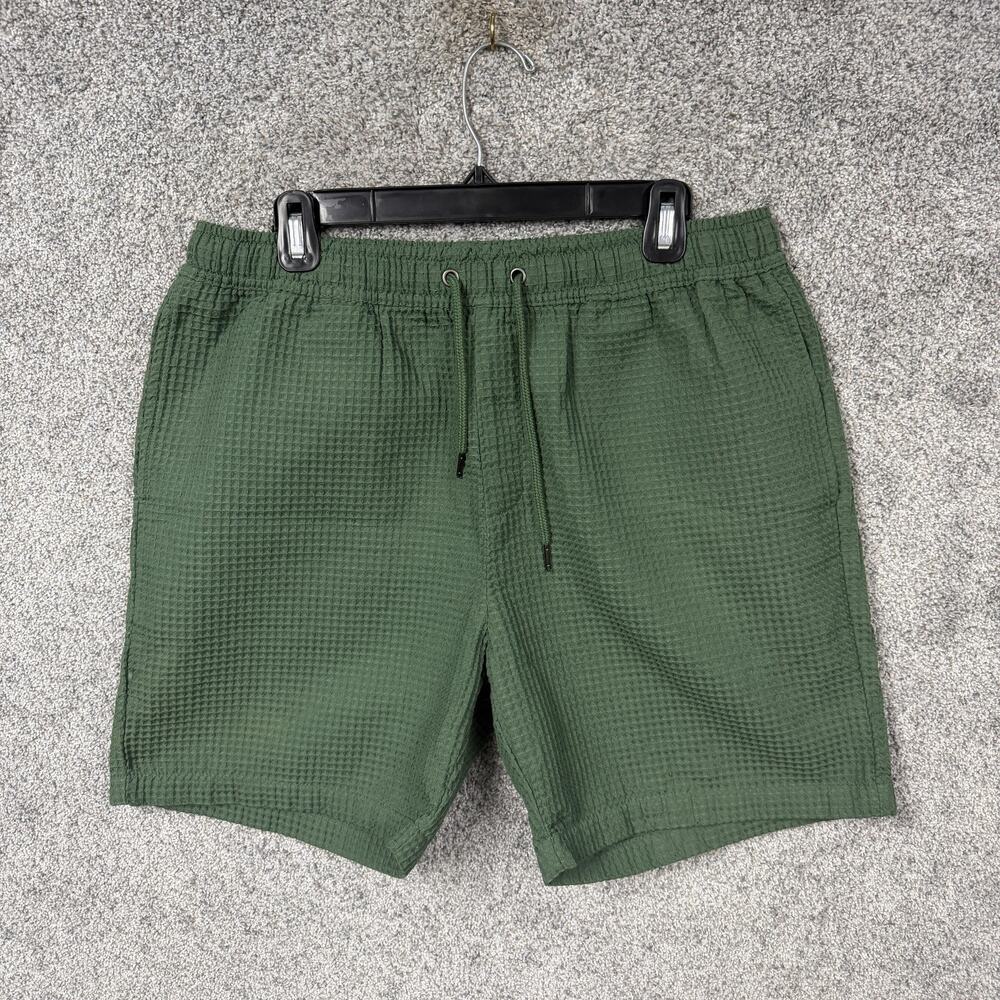 Negative Space Sweat Shorts Mens L 34x9 Green Waffle Knit Elastic Waist Summer
